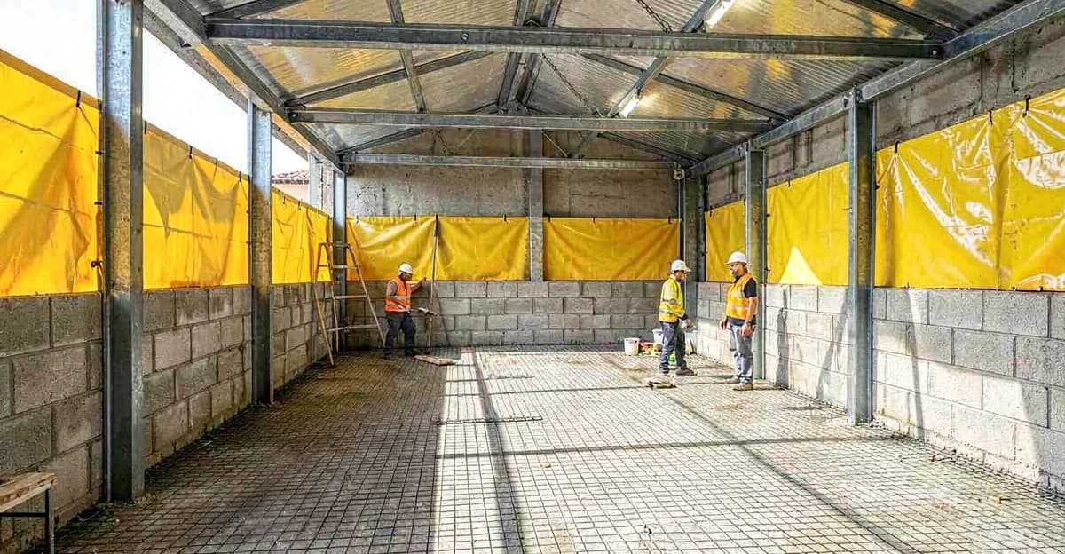 Vista interna de aviário industrial de frango de corte em construção no sul do Brasil, mostrando estrutura metálica galvanizada, contrapiso de concreto recém executado com malha de aço, muretas laterais de blocos e cortinas plásticas amarelas abertas, iluminação natural intensa, operários com EPIs trabalhando, ambiente de obra real