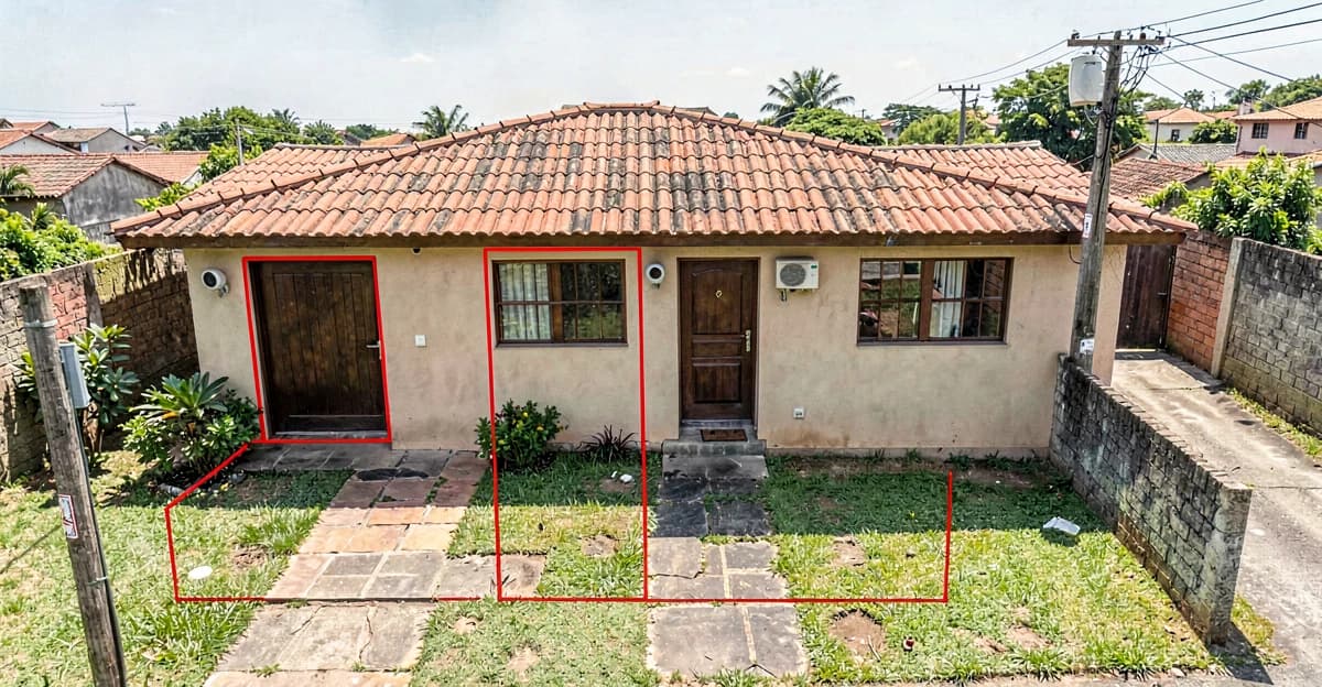 Foto aérea de casa brasileira (colhados ou condomínio) com 3-4 pontos marcados em vermelho onde câmeras deveriam estar (portão, porta frontal, lateral, quintal). Sol do meio do dia. Realista.