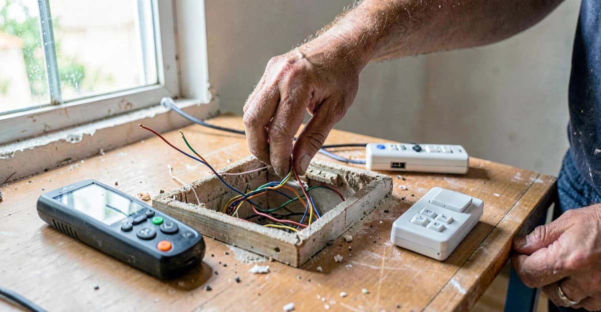 Mão de eletricista destorcendo fios antigos em caixa de embutir, testador de voltagem em primeiro plano, interruptor inteligente novo descartado ao lado pronto para instalação. Luz natural de janela. Obra residencial brasileira.