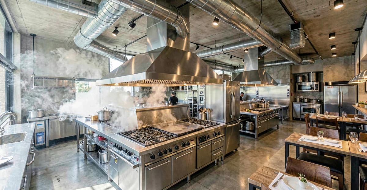 Cozinha profissional brasileira com coifa grande sobre fogão e chapa de inox, vapor e fumaça visíveis, iluminação industrial, restaurante moderno, equipamentos de alta gama, vista de cima para dutos metálicos no teto